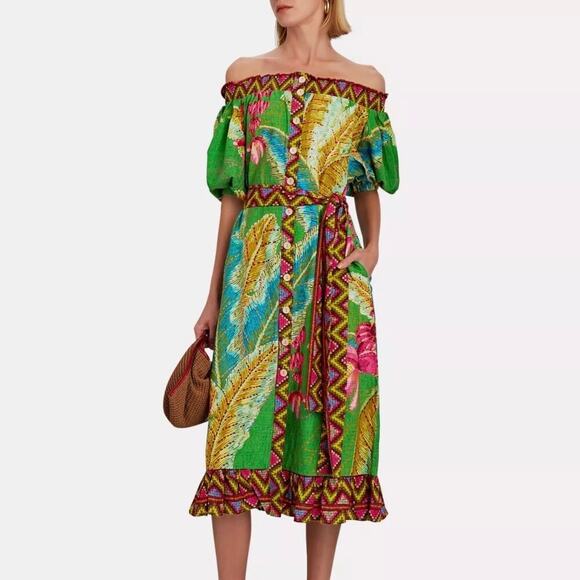 FARM RIO Banana Leaves Off Shoulder Midi Dress Small S - Picture 2 of 13